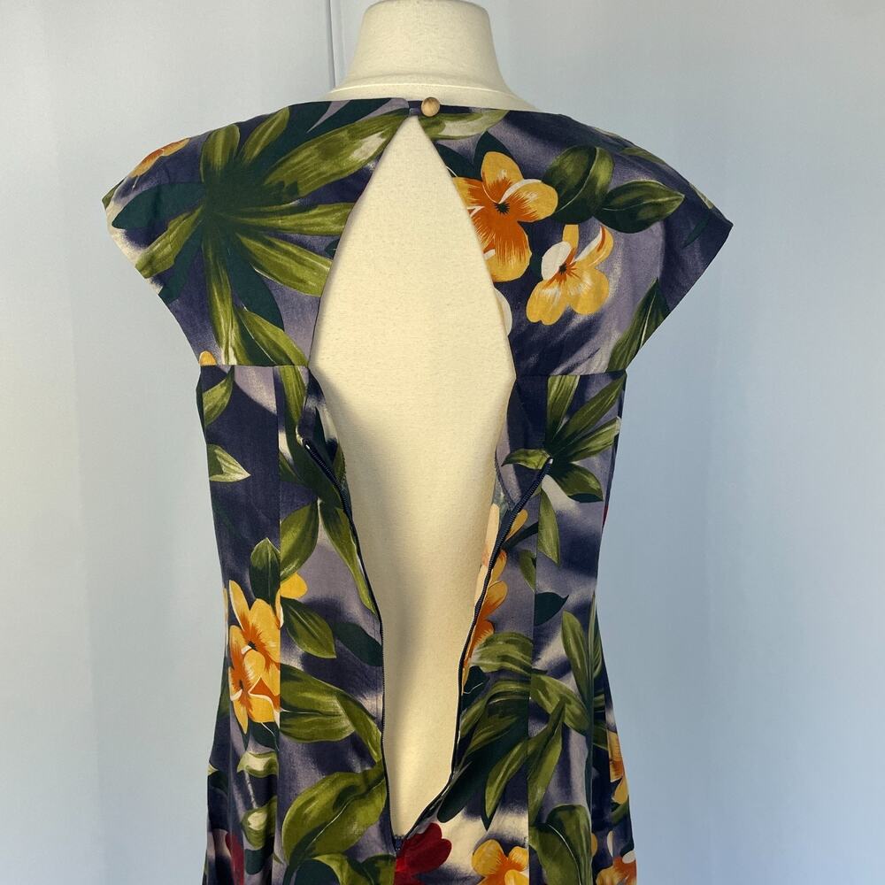 Vintage Dress Size 14 Blue Tropical Floral Hawaii Beach Open Back Beaded 90s - Picture 10 of 15
